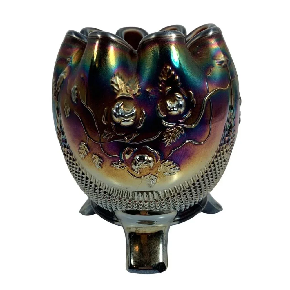 Northwood Rosebowl Fine Cut Roses Crimped Bowl Iridescent Carnival Glass Vase